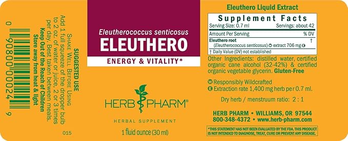 Herb Pharm Eleuthero Root Liquid Extract for Energy and Stamina, Cane Alcohol, 1 Ounce