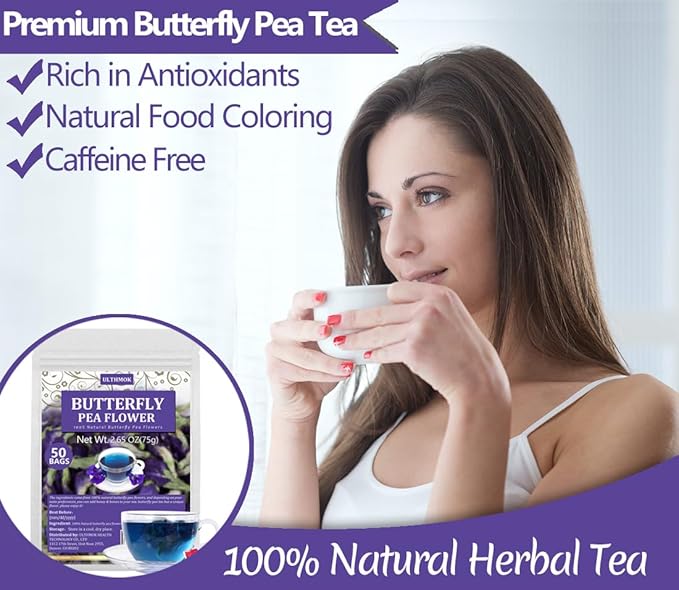 50 Premium Butterfly Pea Flower Tea Bags, Made with 100% Natural Butterfly Pea Flowers, No Additives & Caffeine Free.