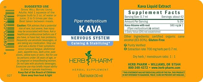 Herb Pharm Organic Kava Root Liquid Extract for Stress Relief & Relaxation*: Vegan Kava Extract, Non-GMO Kava Kava Tincture for Calm & Relaxed Mood, Gluten-Free, 1 Oz