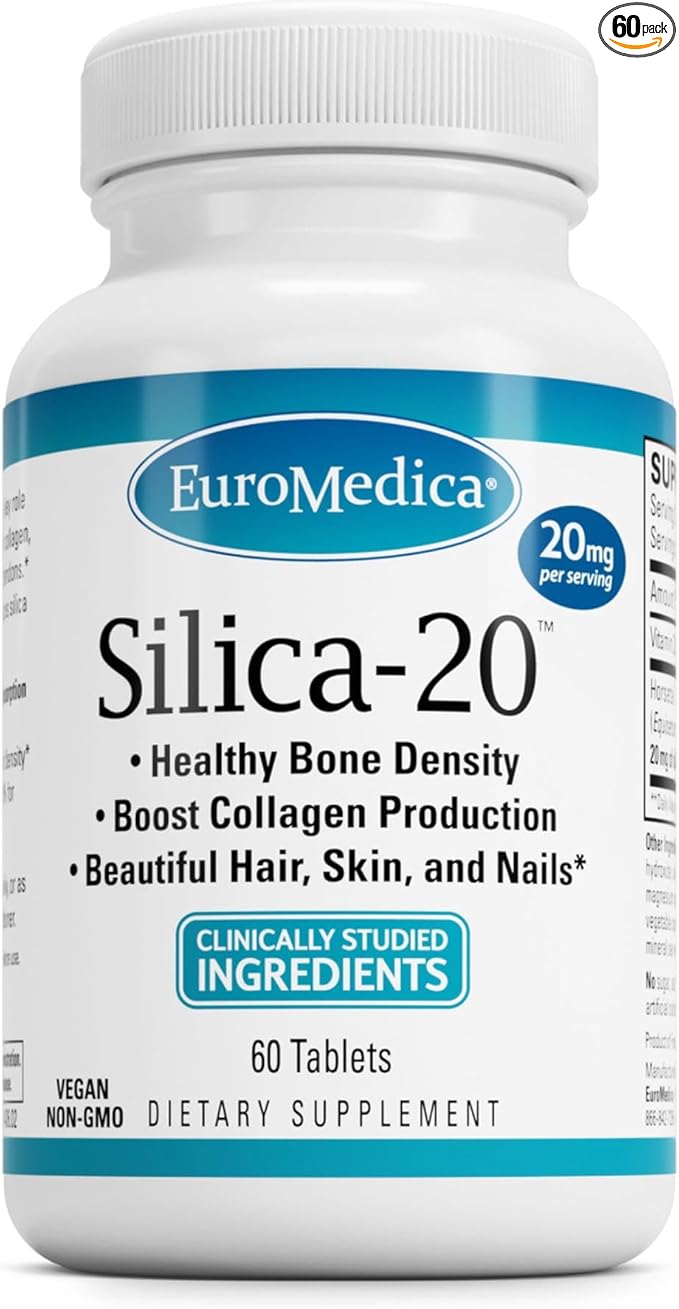 EuroMedica Silica-20 - Supplement Supports Bone Structure & Collagen Production - Strong Teeth & Healthy Bone Density Support - Aids Hair, Skin & Nails Health - 60 Tablets (30 Servings)