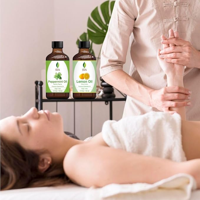 SVA Peppermint Essential Oil and Lemon Essential Oil 4oz Bundle Super Saver Combo – Premium Grade Value Set for Aromatherapy, Scalp Massage, Hair Care, Skin & Body