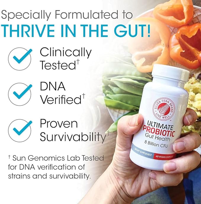 Silver Fern Brand Gut Health Tune Up Kit - Multi Function Ultimate Probiotic (1 Bottle - 60 Capsules) & Digestive Enzyme (1 Bottle = 90 Capsules) Helps Digestive Health, Mood, Reduce Cravings
