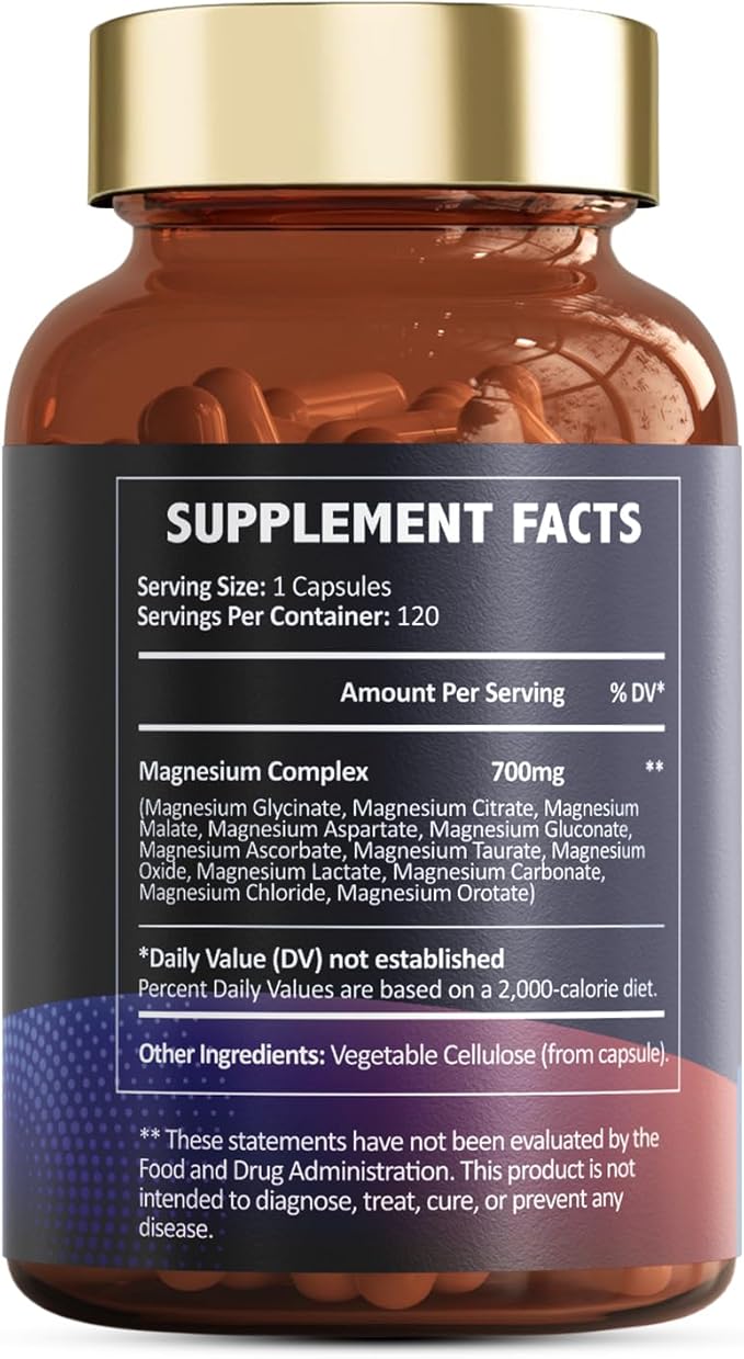 Magnesium Complex 700mg 12 in 1 Magnesium Supplement with Glycinate Citrate Malate Oxide Taurate Aspartate Orotate Magnesium Relaxation,Muscle,Heart Support, Vegan 120 Capsules
