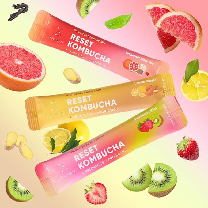 EVERYDAZE Reset Kombucha Tea Powdered Beverage Mix | 30 Pack (3 x 10ct) | Prebiotics + Probiotics | Vegan | No Added Sugar, Low Calorie, Gluten-Free, Sparkling Powder Drink (Strawberry Kiwi, Grapefruit Black Tea, Lemon Ginger)
