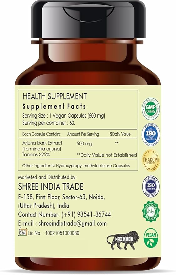 Arjuna Extract 500mg - 60 Vegetarian Capsules| |Terminalia Arjuna Tannis |All Natural | 100% Vegan | Gluten-Free | GMP Certified