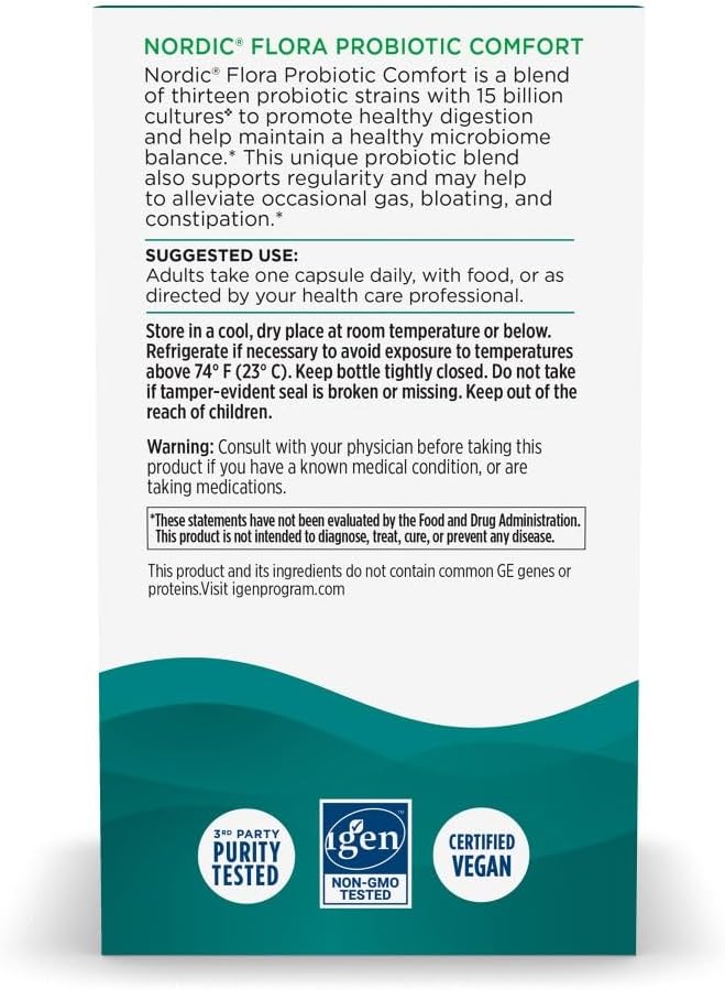 Nordic Naturals Nordic Flora Probiotic Comfort - 30 Capsules - 13 Probiotic Strains w/ 15 Billion Cultures - Supports Regularity & Digestive Comfort, Alleviates Bloating - Non-GMO, Vegan - 30 Servings
