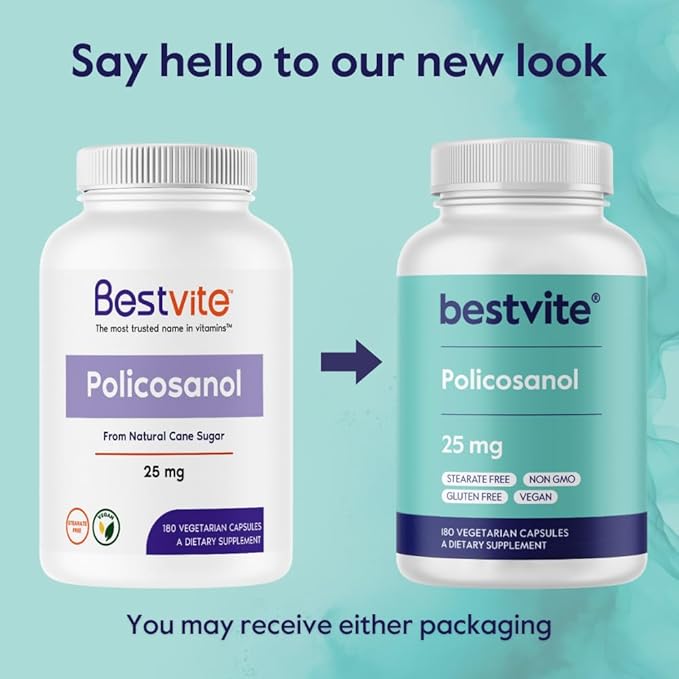BESTVITE Policosanol 25mg (180 Vegetarian Capsules) - No Stearates - No Flow Agents - Vegan - Non GMO - Gluten Free