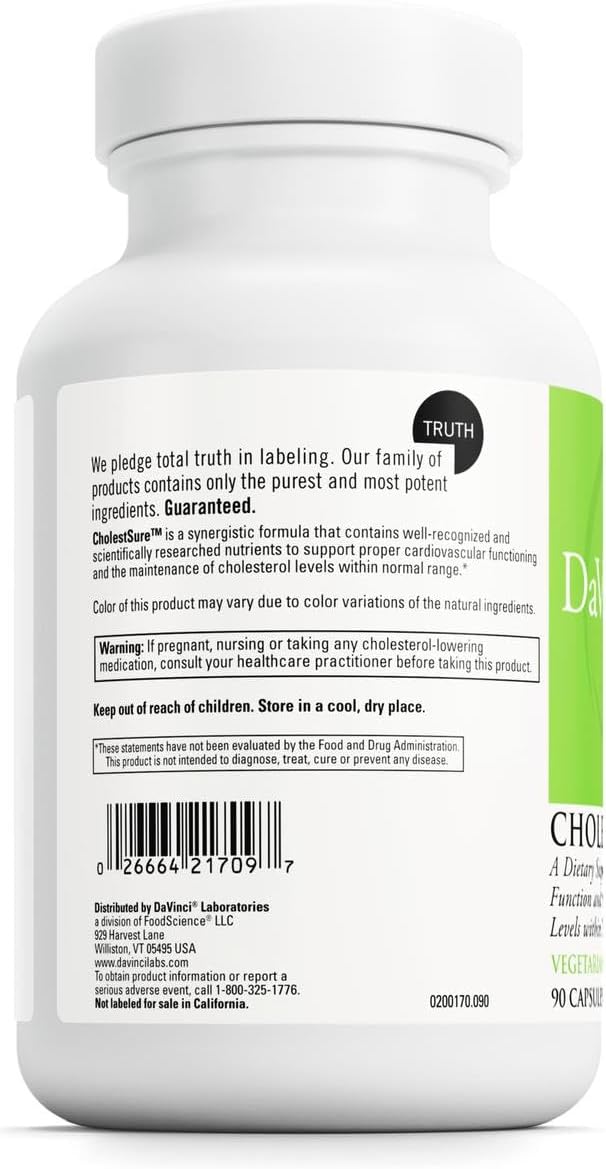 DAVINCI Labs CholestSure Supplement - Supports Cardiovascular Function, Helps Maintain Healthy Cholesterol Levels in a Normal Range* - Gluten-Free - 30-Day Supply - 90 Vegetarian Capsules