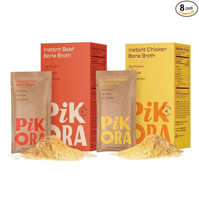 Pikora Bone Broth Sample Pack (2 Pack, 8 Servings) | High-Protein, Gluten-Free, Collagen-Rich, No Sugar, Keto & Paleo Friendly | 11g Protein, 50 Calories per Serving