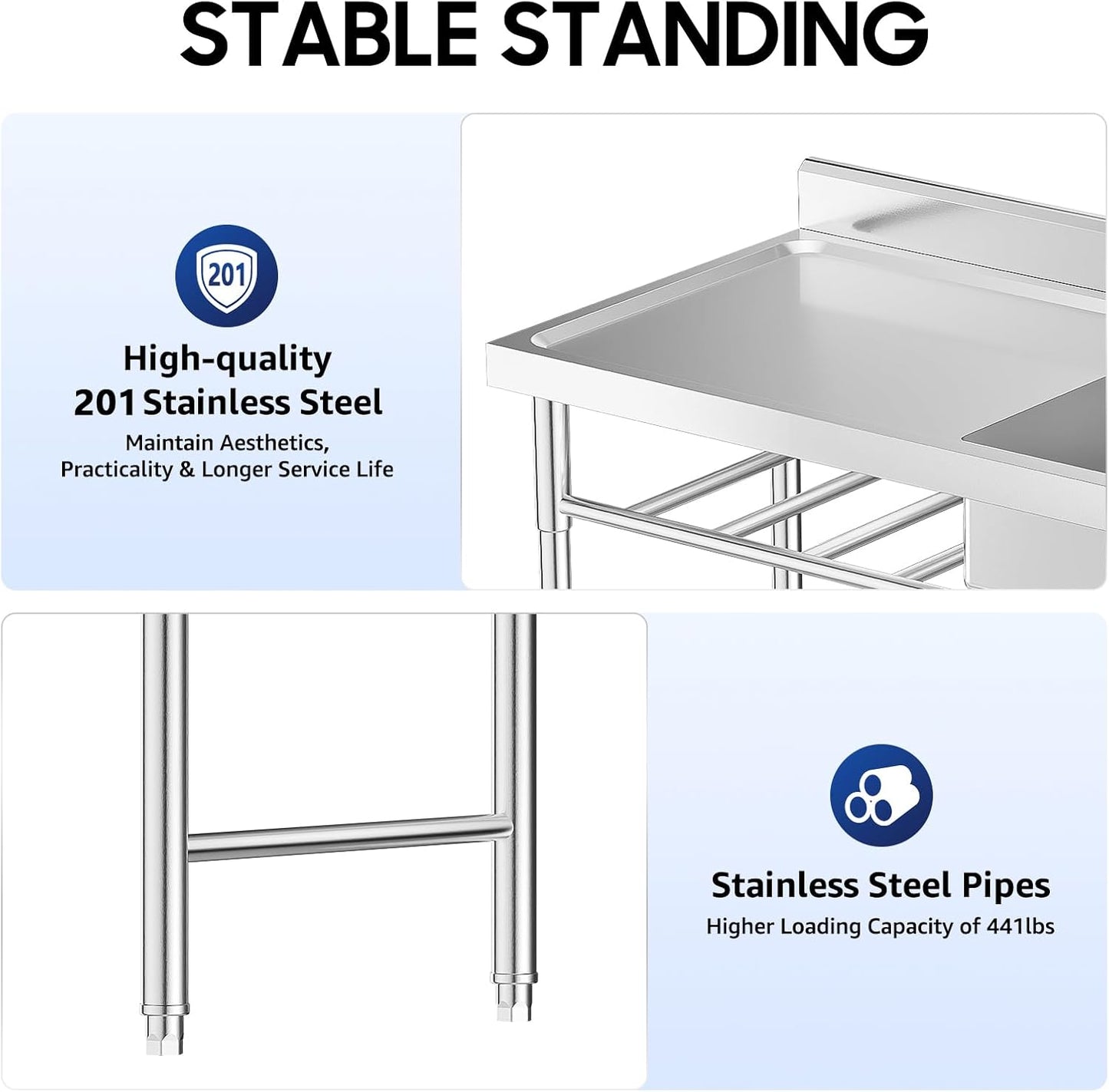Freestanding Commercial Utility Sink, 47.2 * 23.6 * 31.5in Industrial Kitchen Sink Unit with Faucet, 2-Tier Storage Shelf, Outdoor Freestanding Single Bowl Sink for Garage, Restaurant
