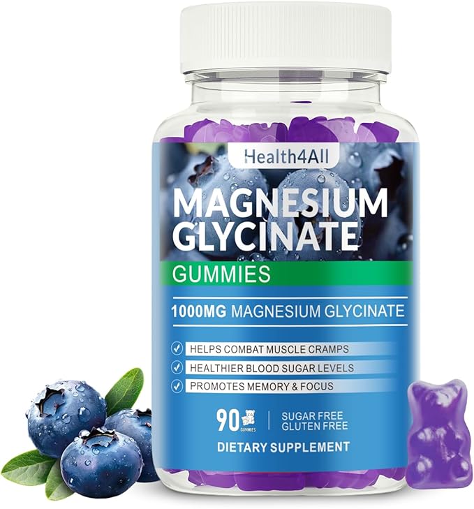 Magnesium Glycinate Gummies 1000mg, High Absorption Sugar Free Magnesium Potassium Supplement for Relaxation, Stress Relief, and Sleep Support for Adults & Kids (Blueberry)
