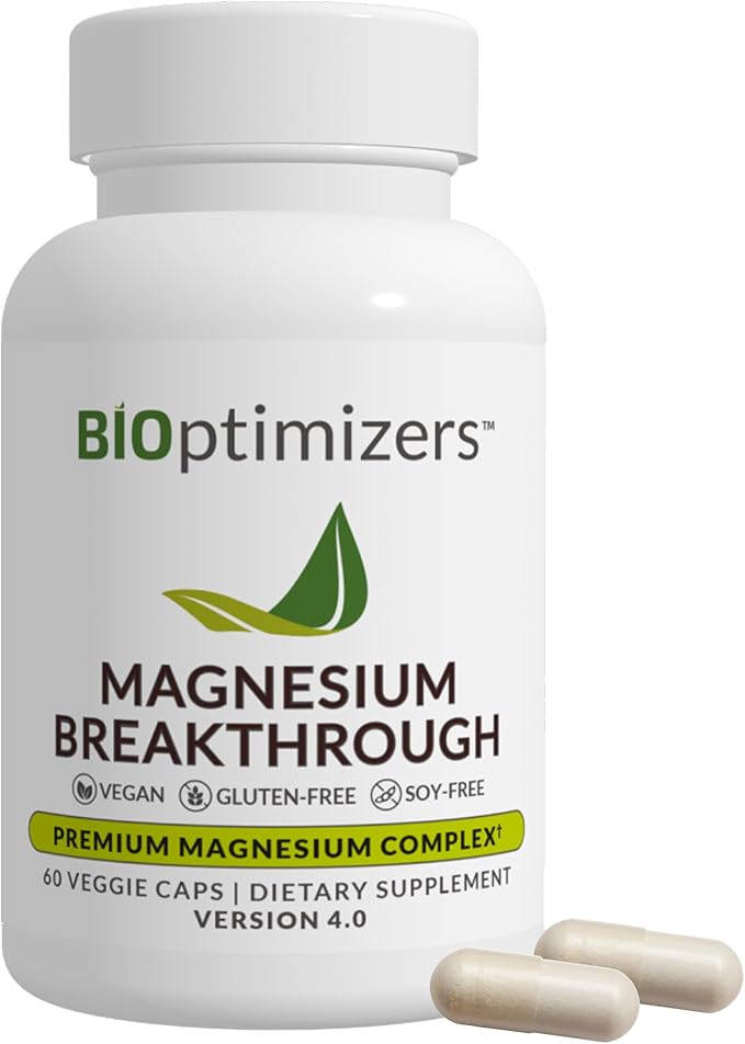 BIOptimizers Magnesium Breakthrough Supplement 4.0-7 Forms of Mg: Glycinate, Malate, Citrate, and More - Natural Support for Sleep and Cognitive Function - 60 Capsules- Calming Vitamins Complex