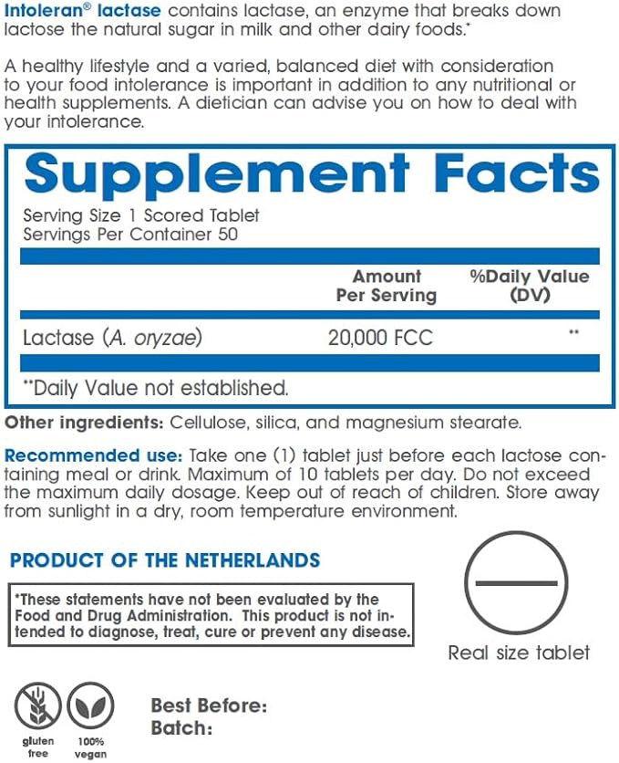 Lactase 20,000 Digestive Enzymes - 50 Scored Tablets | Supplement for Lactose Intolerance | Lactase Enzyme That Helps Digest Dairy & Lactose | Highest Dosed & Fast Acting | Pure & Vegan