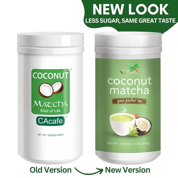 CAcafe Coconut Matcha - Instant Japanese Health Drink - Creamy & Sweet - Hot or Iced Green Tea Latte Mix - New Look, Reduced Sugar - Non-GMO - No Artificial Flavors or Colors | 6-Pack
