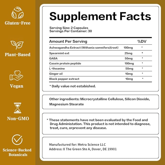 Herbal Mood & Sleep Support - Contains Ashwagandha, Spearmint Ext, GABA, Casein Protein Peptide, L-Theanine, Ginger Oil, Black Pepper Extract - Non-GMO, Soy-Free & Gluten-Free, 60 Capsules