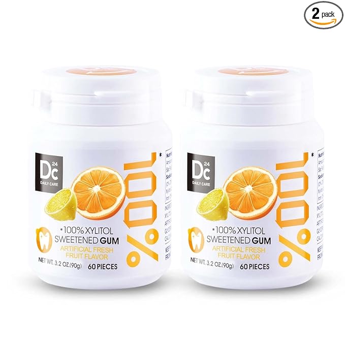 DC24 DAILY CARE Xylitol Chewing Gum, Aspartame & Sugar Free, Fresh Fruit Flavor, Non-GMO, Gluten Free, Vegan, 60 Pieces, Pack of 2