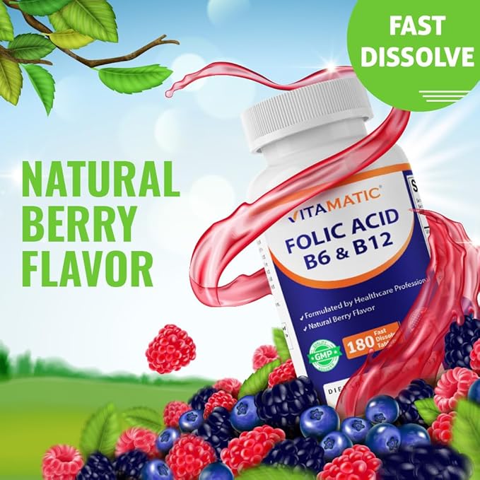 Vitamatic Folic Acid, Vitamin B12 & B6 – 180 Fast Dissolve Tablets Heart Health, Energy Production & Red Blood Cell Support