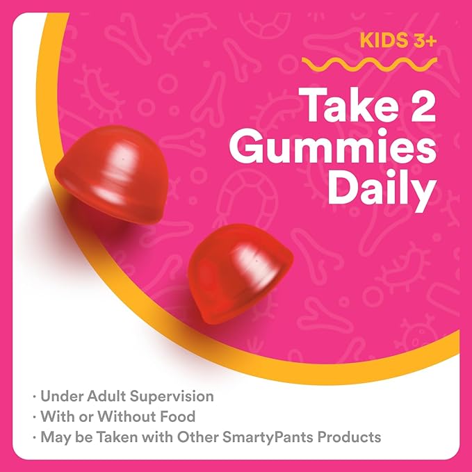 SmartyPants Kids Probiotic & Prebiotic Gummies for Digestive Health: Gut Health Supplement, Clinically Studied Prebiotic for Immune Support, Strawberry, 60 Count (30 Day Supply)