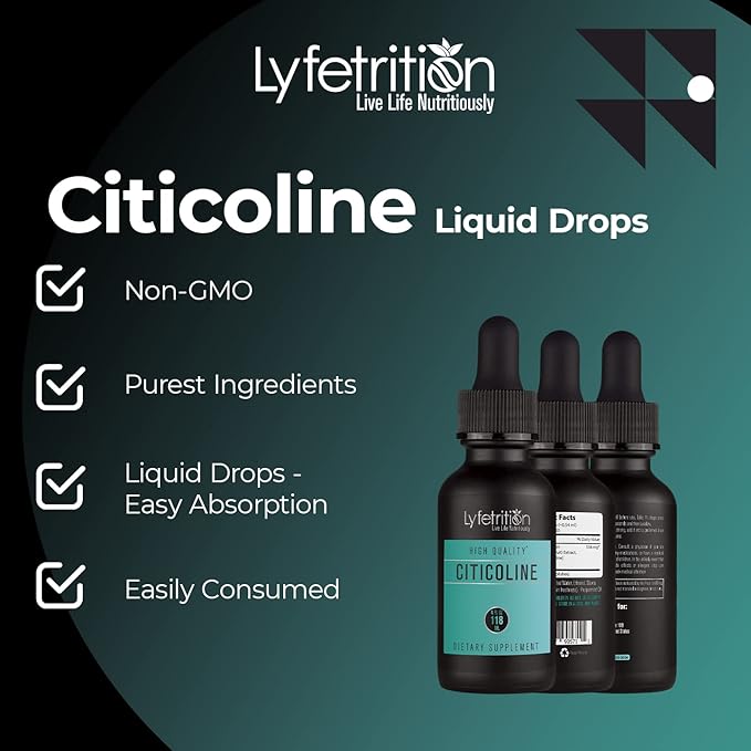 Citicoline Liquid Drops 536 mg, 4 Oz Liquid, 220 Servings, Made in USA, Quick Absorption, Quality Potent Ingredients, Non-GMO, GMP Certified, Cruelty-Free Products