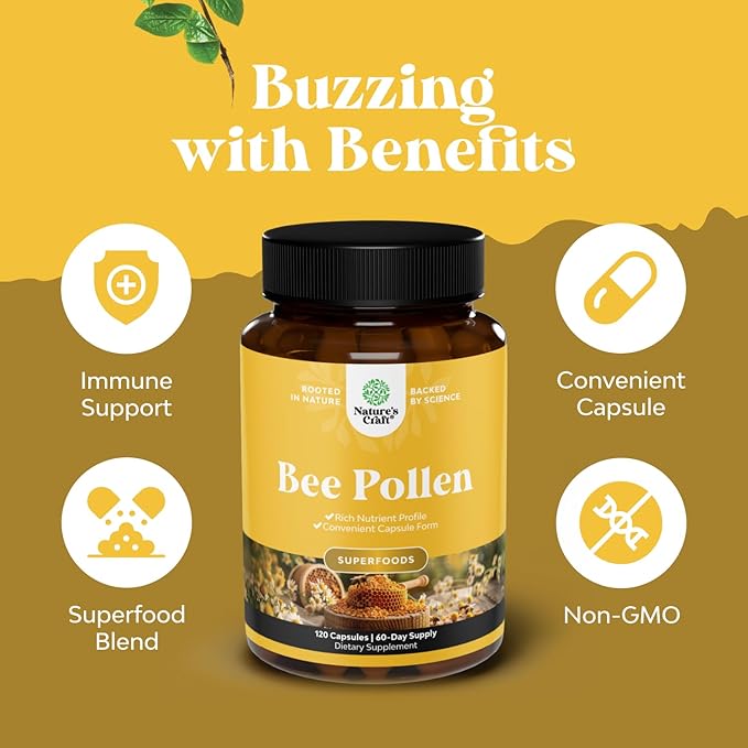 Bee Pollen Pills for Breast Growth 120 Ct - Bee Pollen Supplement 1000mg Serving with Naturally Occurring B Vitamins Minerals & Enzymes - Breast Support Supplement - Vegetarian, Non-GMO & Gluten Free