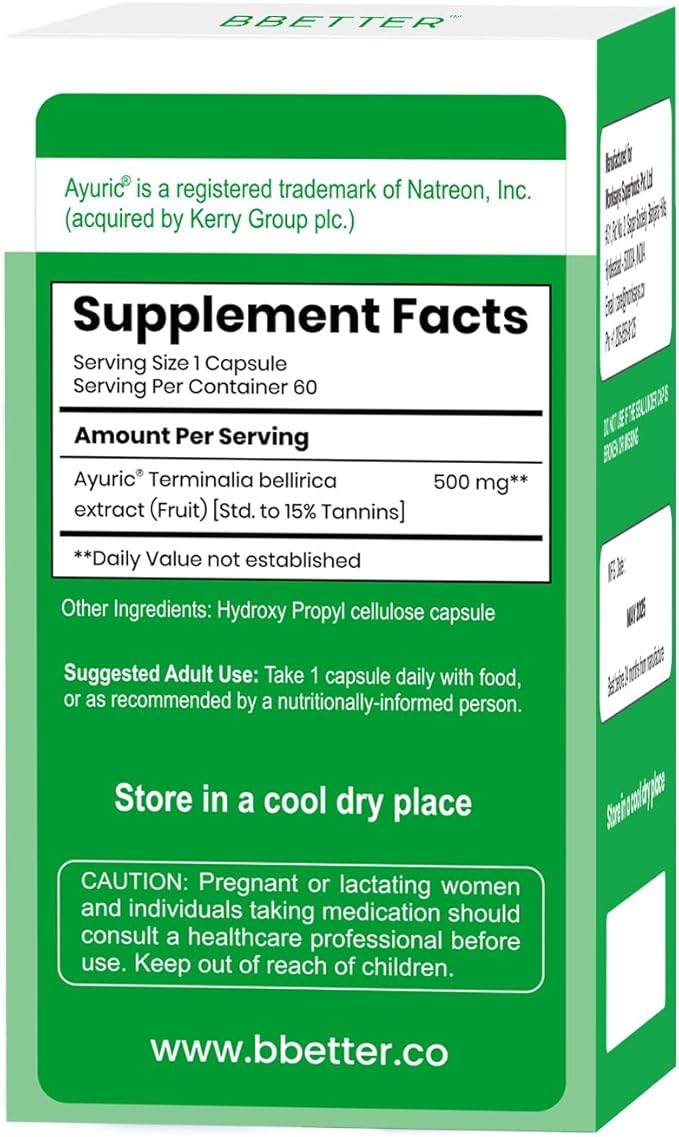 BBETTER UricUrja โ Uric Acid Support Supplement with Ayuricยฎ (Terminalia bellirica) โ Lab-Tested Herbal Formula โSupports Kidney Health - 60 Capsules