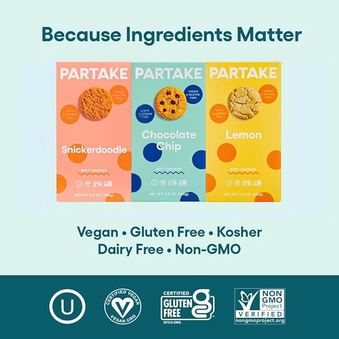 Partake Gluten Free Soft Baked Cookies Variety Pack (Chocolate Chip, Lemon & Snickerdoodle) - Vegan - Free From the Top 9 Allergens Including Dairy, Wheat, Soy, Eggs, & Peanuts - Non GMO - Safe School & Office Snack (6 Pack, 5.5oz Boxes)