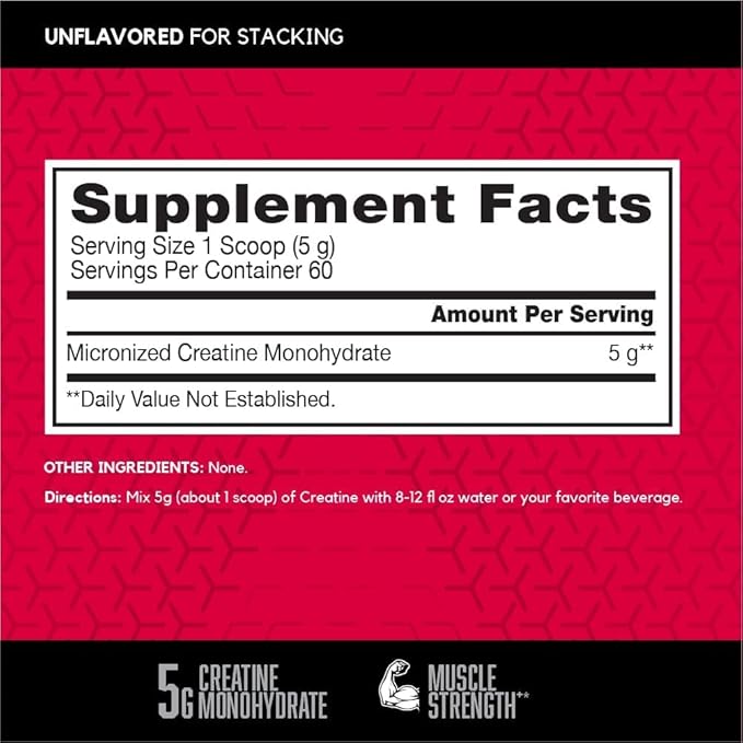 BSN Micronized Creatine Monohydrate Powder, Unflavored, 60 Servings, Supports Muscle Strength, 5g (5000mg) per Servings,Pure & Gluten Free, 5g (5000mg) per Servings