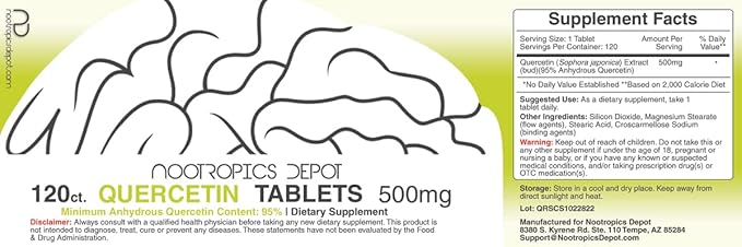 Nootropics Depot Quercetin Tablets | 500mg | 120 Count | 95% Anhydrous Quercetin