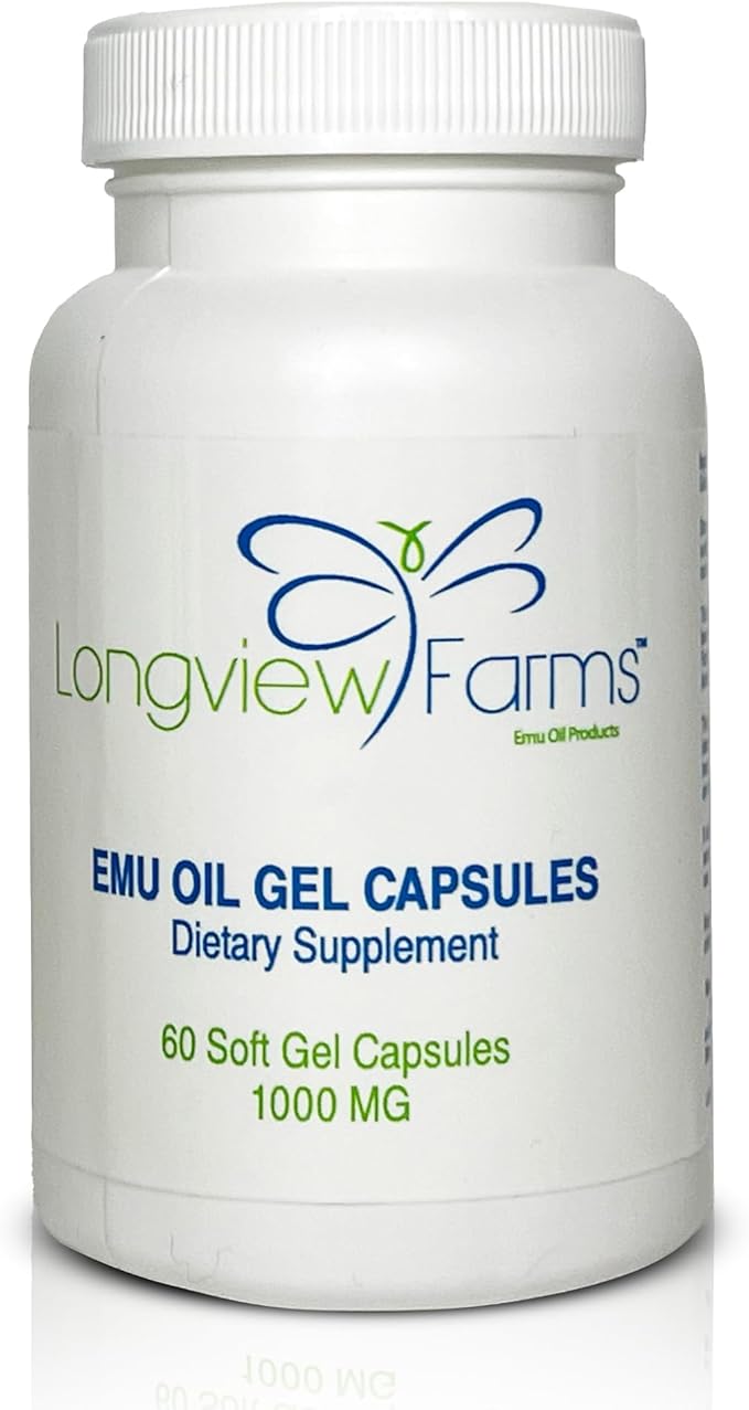 Longview Farms® Emu Oil Gel Capsules | 100% Pure Emu Oil for Skin Health, Mobility, and General Wellness | Natural Omega 3, 6, 9, and Essential Vitamins | 60 Capsules