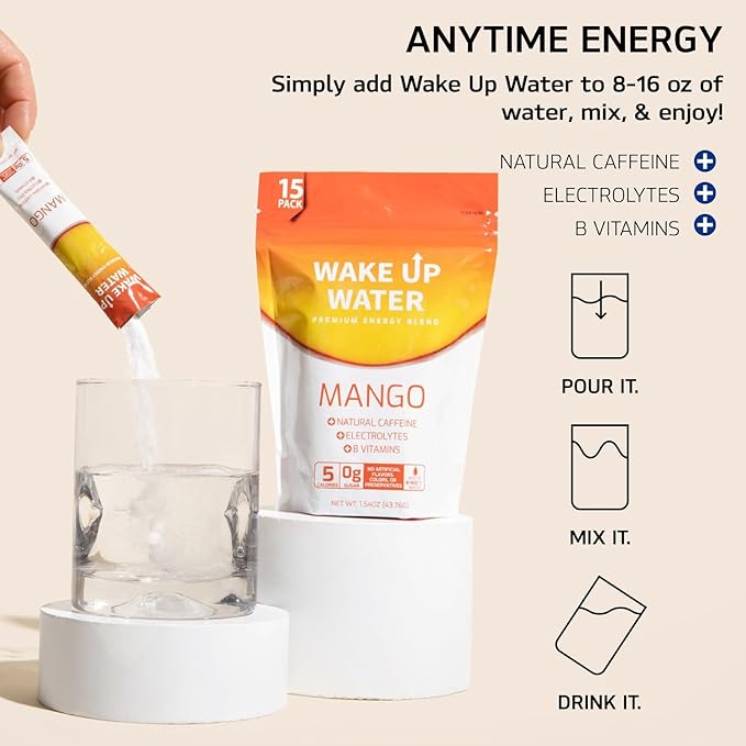 Wake Up Water - Energy + Hydration Sugar Free 15 Packs, Mango Flavor - Energy Drink Powder, Electrolytes Powder Drink, Natural Caffeine Mix Packet, B Vitamins, 5 Calories, Gluten Free - .10 oz (2.9g)