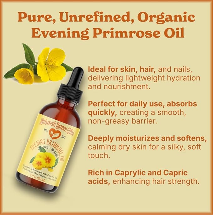 Natural Born Oils 4oz Evening Primrose Oil, 100% Pure and Natural, Organic, Cold-pressed, Unrefined, Moisturizing, Includes Pump & Dropper