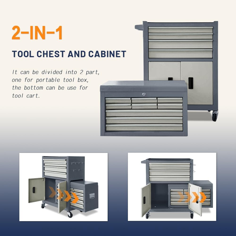 13-Drawer Double Door Rolling Tool Chest, 2 in 1 Detachable Tool Chest,Tool Box with Drawers and Wheels, Large Tool Cabinet with Lock, Metal Standing Toolbox for Garage Workshop-Gray&White