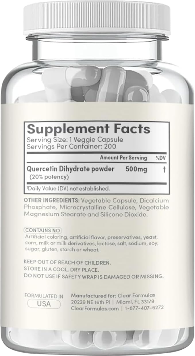 High Strength Quercetin 500mg Capsules - Quercetin Dihydrate Potent Flavonoid Antioxidant and Nutraceutical for Heart and Immune Support - Vegan Friendly - Made in a cGMP US Lab (200 Servings)