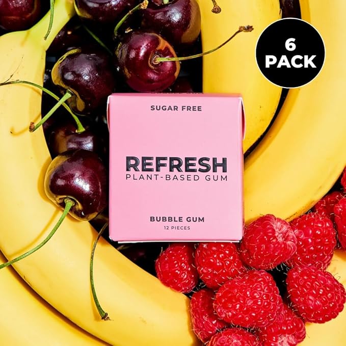 Refresh Gum, Xylitol, Natural, Sugar Free, Plastic Free, Aspartame Free, Natural Flavors & Organic Ingredients, Plant-Based, Low Calorie, Non GMO, Gluten Free, Vegan, Bubble Gum Flavor, 12 Pcs, 5 Pack