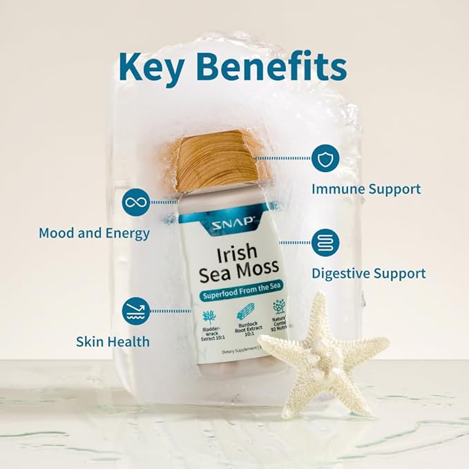 Snap Supplements Irish Sea Moss Capsules with Bladderwrack, Burdock Root & Iodine – Supports Energy, Immune Health, Digestion & Skin – 60 Capsules