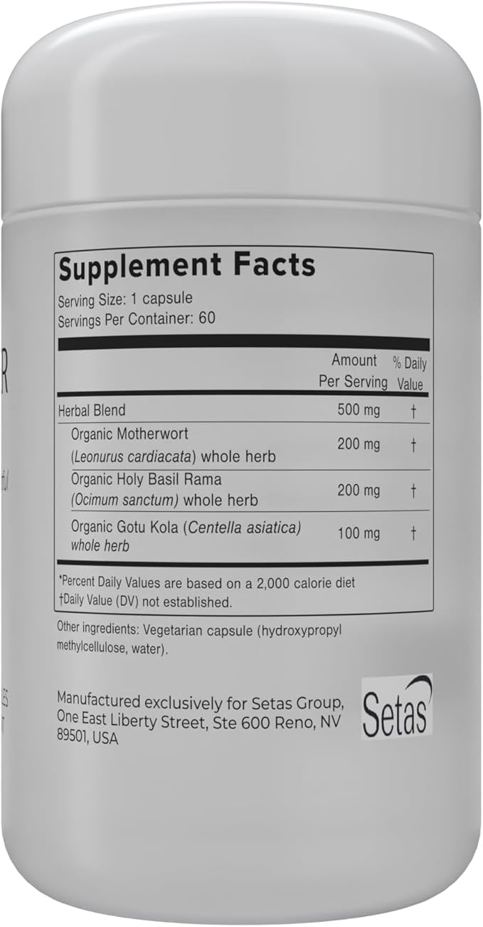 Setas Seeker Ceremony Quality Botanical Supplement Organic Motherwort, Gotu Kola, & Holy Basil to Support Deep Introspective Reflection & Self-Exploration, Vegan & Non-GMO, 60-Day Supply