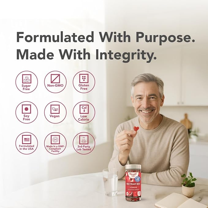 Sugar-Free Red Yeast Rice with CoQ10 Gummies - Cholesterol Supplements with Red Rice Yeast 1000 mg. - Cholesterol Gummies Complex - Vegan, Non-GMO, Gluten-Free & Citrinin-Free Supplement
