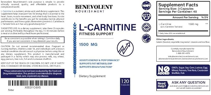 Benevolent L Carnitine Supplement - High Potency 1500mg L-Carnitine Tartrate - Fast Absorbing, Convert Fat to Energy, Support Lean Muscle, Boost Workout Performance & Metabolism – 120 Vegan Capsules