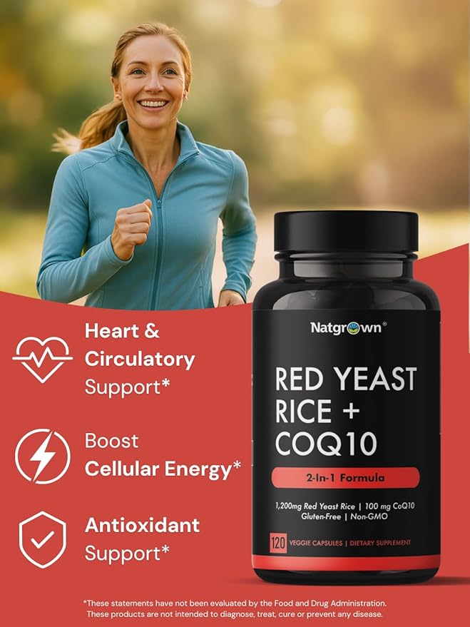 Natgrown Red Yeast Rice 1200 mg with CoQ10 Capsules - Vegan, Non-GMO Supplement | 120 Ct