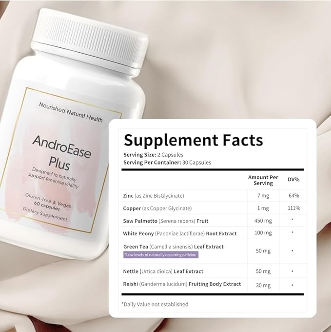 Nourished AndroEase Plus - Natural Balance Supplement for Women - Vegan Formula with Zinc & Saw Palmetto -360 Capsules for Daily Wellness & Vitality - Made in USA