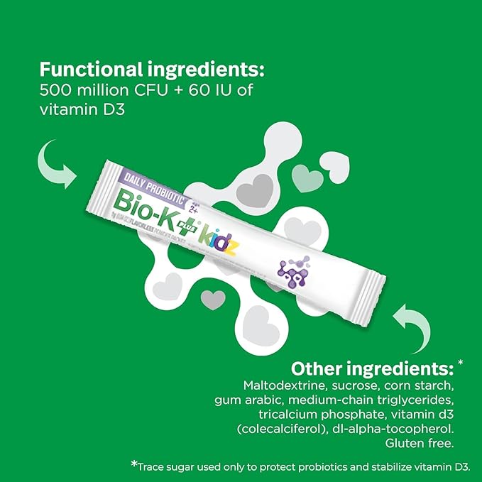 Bio K+ Daily Probiotic for Kids, Probiotic Powder with Limosilactobacillus fermentum LC40® and Vitamin D3, Shelf-Stable, Non GMO, Gluten Free - 28 Single-Serve Packets