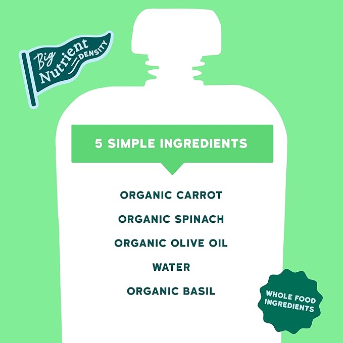 Serenity Kids 6+ Months Veggie Puree Baby Food Pouches - Carrot, Spinach & Basil - USDA Organic Baby Food & Allergen Free - No Added Sugar & BPA Free - 3.5 Oz, 12 Pack