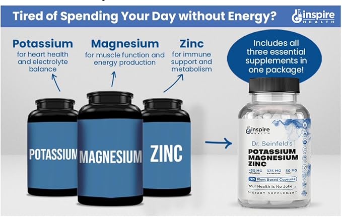 Magnesium Potassium Supplements w/Zinc - 90 Capsules - Magnesium Potassium Zinc for Vascular Health – High Absorption Vegan Supplement for Leg Cramps & Sleep Dr Seinfeld