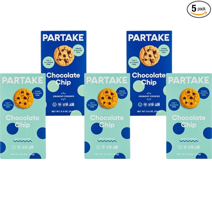 Partake Gluten Free Crunchy & Soft Baked Chocolate Chip Cookies Variety Pack - Vegan - Free From the Top 9 Allergens Including Dairy, Wheat, Soy, Eggs, & Peanuts - Non GMO - Safe School & Office Snack (5 Pack, 5.5oz Boxes)