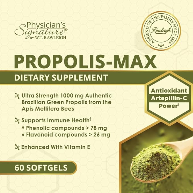 Rawleigh Propolis Max: 60 Vegetarian Softgels - Brazilian Green Propolis with Phenolic, Flavonoid & Artepillin C Compounds & Vitamin E - Supports Immunity, Wellness