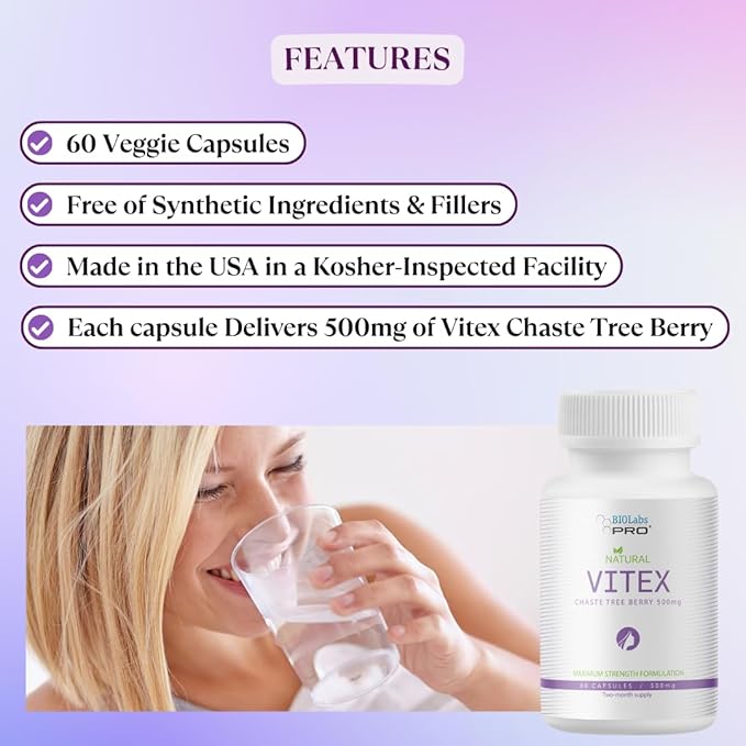 BIOLABS PRO Natural Vitex Chasteberry Supplement for Women - Pure Chaste Tree Berry Extract 500mg, Maximum Strength Formulation, Vegan Capsules, Supports Hormonal Balance - (60 Caps - 2-Month Supply)