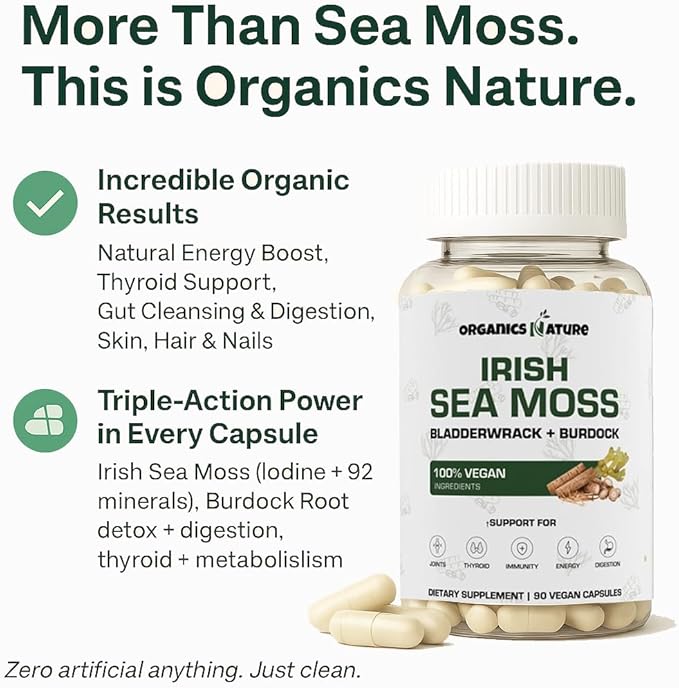 ORGANICS NATURE Irish Sea Moss Capsules 45 Servings | High Potency Seamoss Pills | Dr. Sebi Approved Sea Moss for Energy 90 Vegan Capsules