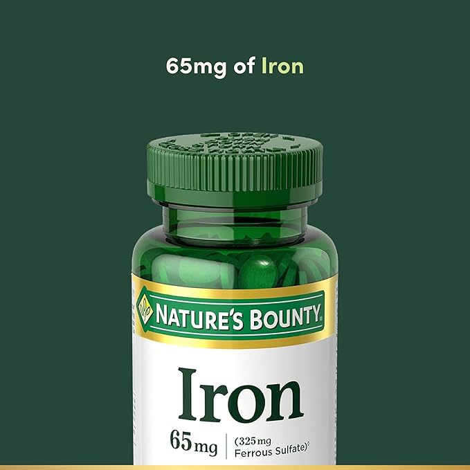 Nature’s Bounty Iron 65mg, 325 mg Ferrous Sulfate, Cellular Energy Support, Promotes Normal Red Blood Cell Production, 1 Serving Per Day, Gluten Free, 100 Vegetarian Tablets