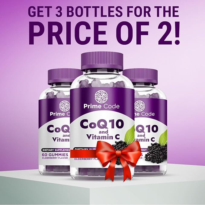 Prime Code CoQ10 200mg & Vitamin C 250mg Gummies – Antioxidant & Immune Support – Heart & Energy Supplement for Adults – Vegan, Non-GMO, Gluten-Free – Elderberry Flavor – 60 Gummies
