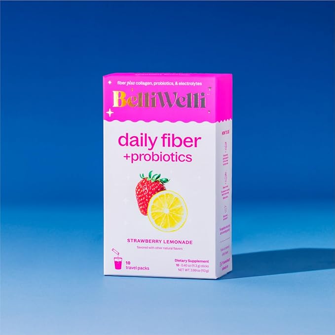 Daily Fiber Supplement Packets with Collagen, Probiotics & Electrolytes | Single Serve Packets for Gut Health, Digestion & Debloating | Strawberry Lemonade | 10 Count